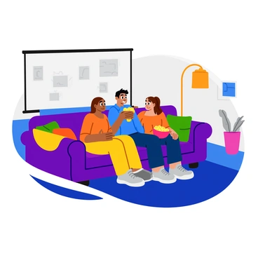 A cozy living room with a large, comfortable couch that is occupied by three friends. The friends are watching a movie on a big screen, and they are all focused on the action. One friend holds a large bowl of buttery popcorn, while another friend has their arm draped around a third friend. The couch features colorful throw pillows, and there is a soft blanket partially covering them. A warm light from a nearby lamp adds a cozy atmosphere to the scene, and a few scattered movie posters are visible on the walls.