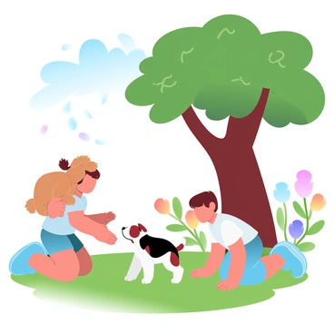 A group of three children is playing with two puppies in a grassy garden. One child is holding a fluffy golden retriever puppy, while another child is crawling on the grass, reaching out towards a small beagle puppy. The third child is kneeling, laughing as the beagle puppy playfully jumps around. Surrounding them are colorful flowers blooming, and a large oak tree offers shade nearby. Sunlight filters through the leaves, creating dappled patterns on the ground. A bright blue sky is visible above, completing the cheerful scene.