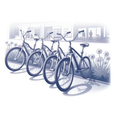 A group of bicycles parked along a bustling street. Each bicycle has a unique design, with elegant frames and distinct features. The street is lively, with people walking and engaging in various activities. Along the sides of the street, there are numerous flowers in full bloom, their petals unfurling beautifully. The scene captures a sense of vibrancy and activity, with plants providing a natural, inviting border for the street.