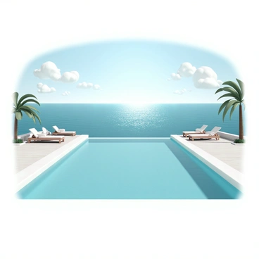 A large infinity pool with a smooth, turquoise surface that blends seamlessly with the ocean. The pool is surrounded by elegant white stone tiles and has comfortable sun loungers on either side. In the background, the vast ocean stretches out, with gentle waves lapping at the shore. The sky above is clear with a few fluffy white clouds scattered, and the sunlight glistens on the water's surface, creating a sparkling effect. Palm trees are visible nearby, swaying gently in the breeze.