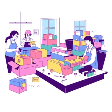 A bright and cheerful workspace features workers actively engaged in packaging finished products into colorful boxes for shipment. Each worker is wearing a uniform and smiling as they efficiently handle various products. The area is filled with neatly stacked boxes, some labeled with "Fragile" stickers, while others are adorned with "Thank You" notes. On the workbenches, there are tools and packaging materials such as tape and bubble wrap. The walls are painted in a light color, and there are windows allowing natural light to illuminate the scene.