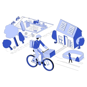 A bicycle courier is riding through an eco-friendly neighborhood. The courier is wearing a helmet and a backpack designed for carrying packages. The bicycle features a sturdy frame and a large front basket filled with neatly stacked packages. Lush trees line the streets, and there are solar panels on the rooftops of nearby houses. There are also bicycle racks filled with bikes, and pedestrians walking along the sidewalks. In the background, a small park can be seen, with people enjoying the green space and a community garden visible nearby. 