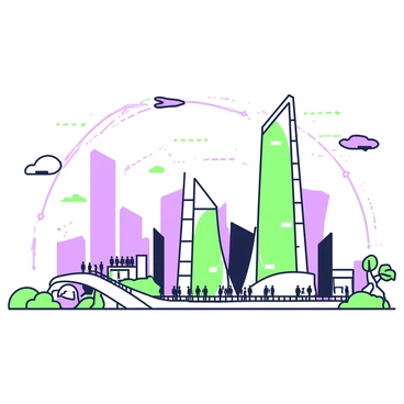 A futuristic city skyline stretches across the horizon, featuring tall, slender skyscrapers with sleek lines. The buildings have unique geometric shapes and are adorned with various architectural elements. In the foreground, a network of elevated walkways connects the buildings, populated by small groups of people moving between them. The skyline is enhanced with visible energy conduits running along the edges of the structures. Above the skyline, there are air vehicles flying in various directions, leaving trails behind them. The scene captures the essence of advanced urban design and innovation.