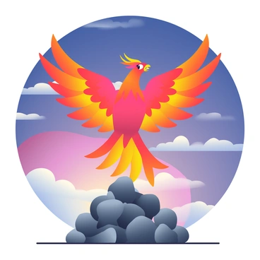 A vibrant phoenix with fiery red and orange feathers is rising majestically from a pile of gray ashes. Its wings are spread wide, showcasing intricate patterns of flames. The background features a twilight sky filled with deep blues, purples, and hints of pink, creating a dramatic contrast. Soft clouds drift across the sky, illuminated by the warm glow of the phoenix. The scene captures the essence of rebirth and renewal through the striking image of the bird in flight.