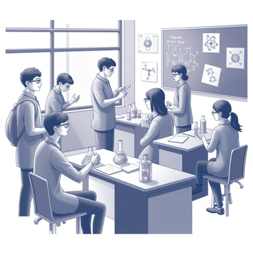 A classroom scene with students conducting atomic experiments under the guidance of a teacher.