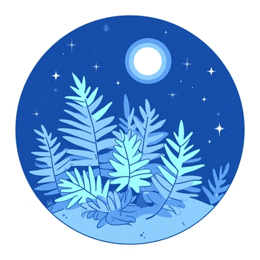 A duotone illustration features "ferns" in "silvery white" bathed in "soft blue" moonlight. The ferns are densely clustered, their intricate leaves highlighted by the gentle glow. Above, "stars" twinkle in the deep blue night sky, creating a shimmering effect. The scene conveys a calm ambiance, with the soft radiance of the moon illuminating the fern leaves, casting delicate shadows on the ground.