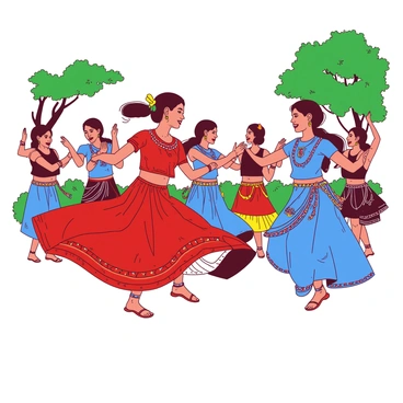 A group of dancers from Jharkhand's tribal communities is performing a traditional dance. Each dancer is adorned in vibrant attire featuring intricate patterns and bright colors. One dancer is wearing a red embroidered dress with flowing fabric that sways with movement. Another dancer is dressed in a blue outfit embellished with colorful beads and accessories. They are surrounded by natural greenery, with trees framing the performance area. The dancers are in synchronized motion, showcasing their energetic expressions and graceful postures. Some dancers are also wearing traditional jewelry, including necklaces and earrings that catch the light.