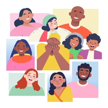 A collage featuring a variety of smiling faces from different ethnic backgrounds, showcasing happiness and unity. The individuals are placed in a harmonious arrangement, each face exuding joy. They are of varying ages, including children, adults, and seniors, reflecting diverse cultures. Some are wearing traditional clothing, while others are in casual attire. The background consists of soft colors that blend together gently, enhancing the sense of togetherness in the image. Each individual’s expression is warm and inviting, capturing a moment of shared happiness.