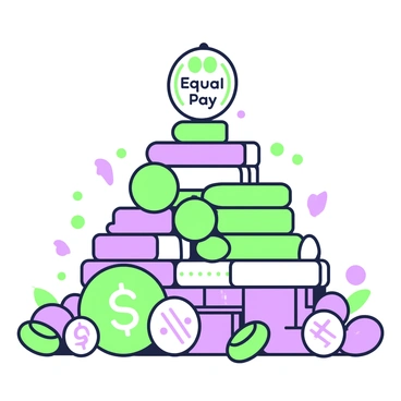 A pyramid is formed from a variety of coins stacked neatly. The coins come in various sizes and designs, representing different currencies. Each layer of the pyramid consists of a single type of coin, arranged meticulously, with the largest coins at the bottom and the smallest at the top. The pyramid stands tall, symbolizing stability and balance. At the base of the pyramid, there are coins featuring symbols of equality, while the topmost coin is inscribed with the words "Equal Pay". Surrounding the pyramid are small green and purple decorative elements that add to the visual impact of the piece.