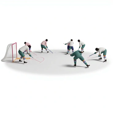 A group of hockey players in uniforms is on the ice rink, preparing for the game. They are wearing helmets, shoulder pads, and jerseys in different colors. Some players are stretching, leaning forward with their skates firmly planted on the ice, while others practice their shots, positioning their sticks against the puck. The ice is shiny and reflective, with goal nets at either end of the rink. The arena is brightly lit, casting light on the players as they focus on their warm-up routines.