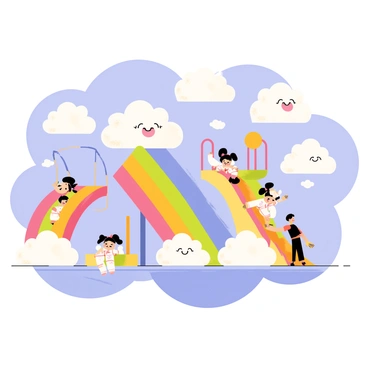 A family of cute clouds playing in a sky playground with swings and slides
