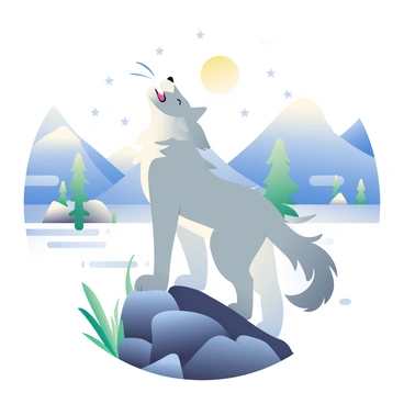A grey wolf is standing on a rocky outcrop, its head tilted back as it howls into the night sky. The wolf's fur is ruffled by the wind, showing subtle variations of grey and white. In the background, a barren landscape stretches out, featuring sparse trees and jagged mountains under a starry sky. The moon casts a soft light, illuminating the scene and creating shadows across the rugged terrain. The wind is visibly moving through the grass and leaves, adding a sense of movement to the desolate setting.