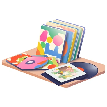 A stack of vinyl records is placed on a wooden table, showcasing colorful, patterned album covers. The album covers feature vibrant designs, including geometric shapes, floral patterns, and abstract art. Some records lie flat on the table while others are leaning against the stack. A few scattered records with unique covers are partially overlapping, creating a dynamic arrangement. The surface of the table has a warm, natural wood texture, enhancing the visual contrast with the vivid colors of the album covers.