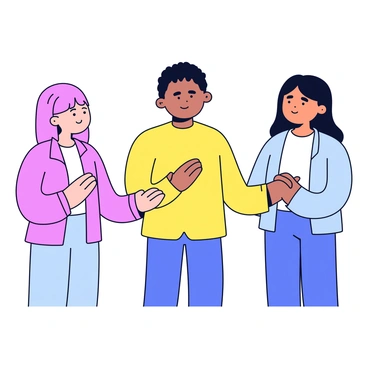 A person with closed eyes stands in the center, holding hands with two others on either side. The individual has a calm expression, and their head is slightly bowed. The hands are gently clasped together, conveying a sense of unity. The two companions also have closed eyes, indicating focus and devotion. Each person is dressed in simple, light-colored clothing, emphasizing the solemnity of the moment. The setting is minimalistic, allowing the act of prayer to be the central focus.
