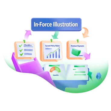 A modern pastel illustration of a flowchart detailing the process of an "In-Force Illustration" in life insurance. At the top of the flowchart, there is a rectangle with the text "In-Force Illustration" in clear, bold letters. Below, arrows lead to three separate boxes. The first box contains a checklist with items like "Current Policy Values" and "Premium Payments." The second box displays a graph with upward trends. The third box features a pie chart representing benefits. Each box is interconnected with arrows, showing the flow of information. The background is soft and pastel-colored, enhancing the clarity of the flowchart.
