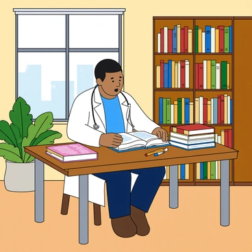 A doctor with medium skin and short black hair is sitting at a wooden table in a cozy hospital library. He is wearing a white lab coat over a blue shirt and is focused intently on reading a stack of colorful medical journals. The table has several open journals and a few neatly arranged pens. Behind him, there are tall shelves filled with neatly organized books and journals, with warm light illuminating the space. A large window lets in natural light, casting soft shadows across the floor. The atmosphere in the library is calm, with a few potted plants adding a touch of green to the environment.