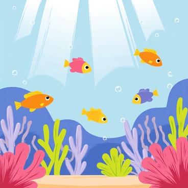 A mural featuring an underwater scene populated with a variety of colorful fish swimming among vibrant coral reefs. The fish exhibit various shades such as bright orange, deep blue, and sunny yellow. The coral reefs display intricate shapes and textures, with colors ranging from purple and pink to green and red. Bubbles rise from the fish as they move through the water, and shafts of light filter down from the surface, illuminating the scene.