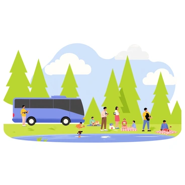 A bright blue bus parked on a grassy area next to a clear lake. The lake is surrounded by tall green trees and has gentle ripples on the surface. Several passengers stand near the bus, some taking pictures, while others sit on picnic blankets spread out on the grass. A few children play by the water's edge, splashing each other. In the background, fluffy white clouds float in a blue sky.