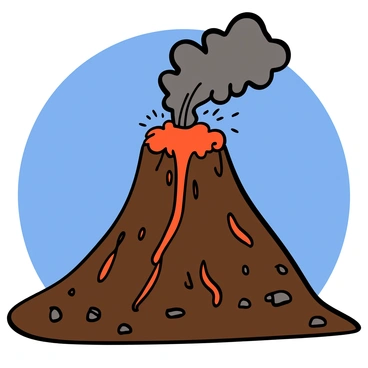 A volcano with a rugged, rocky surface is erupting, sending a dramatic explosion of bright orange lava cascading down its slopes. Black and gray ash clouds billow into the sky, creating a stark contrast against the blue background. The scene captures the intense heat radiating from the eruption, with streaks of fiery red glowing amidst the cooling lava. Surrounding the volcano, a barren landscape shows signs of charred earth and scattered rocks, emphasizing the power of nature in this explosive moment.