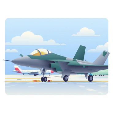 An F5 jet is parked on a tarmac, its sleek design and military paint scheme prominently displayed. The jet features a dark green and gray camouflage pattern, with the cockpit canopy reflecting sunlight. In the background, several other aircraft are visible, including a commercial airliner and a smaller private plane. The tarmac is well-maintained, with clear markings and lines indicating parking spaces. The sky above is a bright blue, dotted with a few fluffy white clouds, creating a vivid contrast to the metallic surfaces of the aircraft.