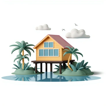 A house on stilts, featuring a wooden structure with large windows and a sloping roof. The house is elevated above a tranquil river, surrounded by lush green tropical foliage. The river is calm and reflects the vibrant colors of the surrounding plants. Palm trees are swaying gently in the breeze on either side of the river, and small birds can be seen flying nearby. The sky is clear with a few fluffy white clouds, enhancing the serene atmosphere of the scene.