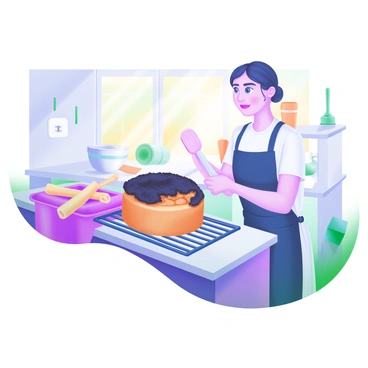 A kitchen scene featuring a "burnt cake" sitting on a cooling rack. The cake is visibly charred around the edges, with a dark, crispy texture. In the foreground, a "baker" is standing with a thoughtful expression, wearing an apron and holding a spatula. The baker’s gaze is fixed on the cake, indicating hesitation about throwing it away. The kitchen is bright and filled with various baking tools, such as mixing bowls, measuring cups, and a rolling pin scattered on the countertop. Sunlight streams through a window, highlighting the vibrant colors of the kitchen decor.