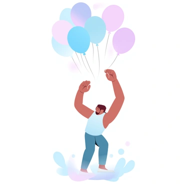 A person is grasping onto a cluster of colorful balloons that are floating upwards. The balloons are in various pastel shades, creating a vibrant contrast against a soft, gradient background. The person is wearing casual clothing and is depicted in a relaxed stance, with their arms extended upwards, as if being gently lifted by the balloons. Below them, hints of an abstract landscape suggest a sense of ground beneath, symbolizing stability amid the uplifting scene. A subtle glow emanates from the balloons, enhancing the theme of hope.