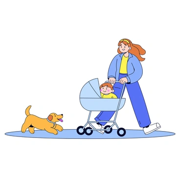 A mother pushing a baby cart with a playful puppy following behind.