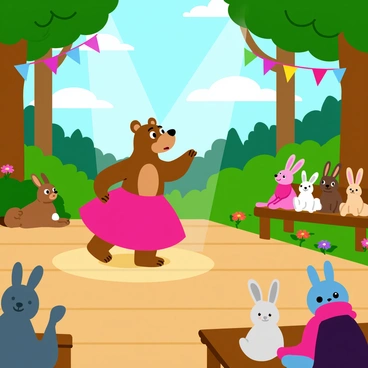 A bear wearing a bright pink tutu is gracefully dancing on a wooden stage. The stage is set in a woodland theater surrounded by tall trees and lush greenery. Soft beams of light shine down from above, highlighting the bear's playful movements. The audience, consisting of various woodland creatures like rabbits, deer, and birds, watches in delight from their seats made of logs and flowers. Colorful banners hang from the trees, adding to the festive atmosphere of the performance.