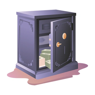 A digital flat illustration featuring an old-fashioned bank safe positioned prominently in the center. The safe is made of dark metal, adorned with intricate engravings, and has a heavy door that is slightly ajar. Visible through the gap in the door are stacks of neatly arranged money bundles in various denominations, with some cash spilling out slightly. The safe rests on a polished wooden floor, and the surroundings include subtle shadows that enhance the depth of the scene. The overall atmosphere conveys a sense of security and wealth.