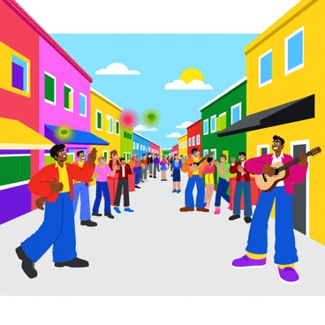 A lively city street filled with bustling activity and vibrant energy. Colorful murals decorate the walls of nearby buildings, featuring bright and playful designs. Street performers, including a juggler in a red vest and a musician playing an acoustic guitar, are entertaining a crowd of captivated passersby. People are smiling and applauding, adding to the cheerful atmosphere of the scene. The sun shines brightly overhead, casting lively shadows on the pavement.