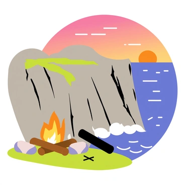 A cliffside setting with rugged gray rocks and patches of green grass. A bonfire with bright orange flames and glowing embers is located near the edge of the cliff. Below, the ocean is visible with deep blue waves crashing against the rocks. The sky above is filled with a gradient of warm colors as the sun sets on the horizon. Small, scattered clouds reflect shades of pink and purple. A few logs and stones surround the bonfire, adding to the cozy atmosphere.