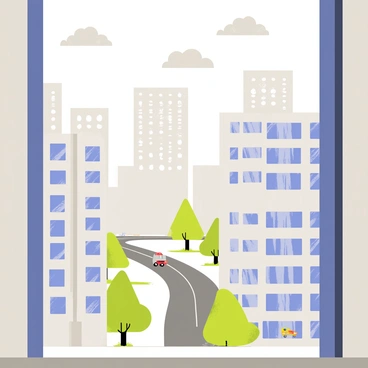A cityscape featuring tall buildings with glass windows reflecting gray clouds overhead. The scene is viewed through a window that has water droplets splattered across its surface, distorting the view. Patches of green trees are visible between the buildings, and a few small vehicles can be seen moving on the wet streets below. The atmosphere appears gloomy and cool, with muted colors dominating the landscape.