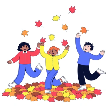 A group of children playing joyfully in a pile of colorful leaves during autumn. The leaves are a mix of bright red, orange, yellow, and brown hues. Each child has a big smile on their face as they jump and toss the leaves into the air. One child is wearing a red jacket, another is in a yellow coat, and a third is dressed in a blue sweater. The scene captures their excitement as a few leaves float down around them.