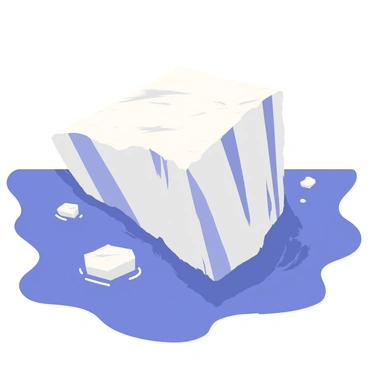 A massive iceberg floating in the ocean, primarily submerged with a large portion of its bulk hidden below the water's surface. The visible section of the iceberg is glistening white with sharp, angular edges and varying shades of blue along the ice. Surrounding the iceberg, the ocean is a deep blue, with gentle waves lapping at its base. Several small ice chunks are scattered in the water nearby, reflecting the sunlight. The scene captures the contrast between the vastness of the ocean and the monumental size of the iceberg.