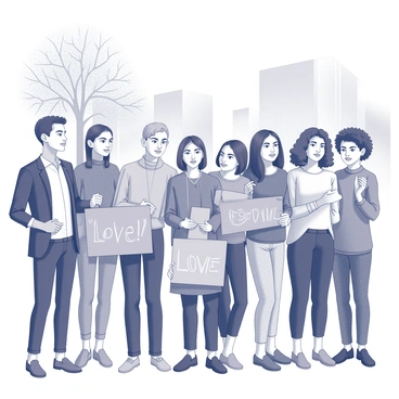 A group of diverse individuals standing together in a public space. They are holding a variety of signs that convey messages of "acceptance" and "love." Each person has a unique appearance, showcasing different ages, ethnicities, and styles of clothing. The setting includes trees and buildings in the background, contributing to the urban atmosphere. The expressions on the faces of the participants are earnest and determined, reflecting their commitment to the cause.