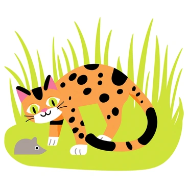 A Bengal cat with striking brown and black spots is crouched low in a patch of vibrant green tall grass. The cat's intense green eyes are focused on a small, grey toy mouse that is partially hidden among the blades of grass. The grass sways gently around the cat, indicating a slight breeze. Sunlight filters through the leaves, creating dappled patterns on the cat's sleek fur as it prepares to pounce.