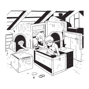 A group of three children is crouched among various old wooden trunks and cardboard boxes in a dusty attic. The attic has wooden beams visible above, and patches of sunlight are streaming through a small window, illuminating the dust particles in the air. The children, two boys and a girl, are wearing casual, slightly worn clothing. One boy is peeking out from behind a large trunk, while the other boy is crouched beside a cardboard box, holding a flashlight. The girl is sitting on top of a trunk, looking curiously into the box beside her. The space is cluttered with cobwebs and forgotten treasures, enhancing the atmosphere of discovery and adventure.