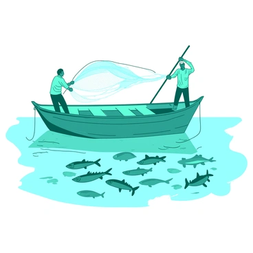 A turquoise fishing boat is gently bobbing on the surface of the water. Two fishermen are on the boat, casting large nets into the water, creating ripples as they do so. The nets are spreading wide, shimmering under the sunlight. Below the surface, schools of fish are swimming towards the nets, their bodies glinting in the light. The scene captures the energy of the fishermen and the movement of the water, while the boat remains steady amidst the activity.