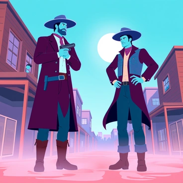 A tense standoff at high noon between two notorious gunslingers in a dusty old town. The first gunslinger is a tall man with a wide-brimmed hat and a long, dark coat, standing confidently with a hand hovering near his holstered revolver. He has a rugged face, highlighted by deep-set eyes and a stubble beard. The second gunslinger is shorter, wearing a weathered leather vest and a bandana around his neck, squinting against the bright sun. Dust swirls around their boots, and the wooden buildings of the old town loom in the background, with a few townsfolk peeking through windows, adding to the tension in the scene. A clear blue sky stretches overhead, emphasizing the midday sun.