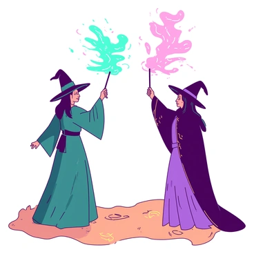 Two witches are standing face to face in an open field, each wearing flowing robes. One witch is dressed in deep teal with silver accents, while the other wears a vibrant purple outfit adorned with golden trim. They are both raising their wands, and colorful spells are emanating from them, forming intricate swirling patterns in the air. The teal witch's spell is a radiant burst of teal light, while the purple witch's spell is a soft, shimmering hue of pink. The ground around them is marked with faint glowing symbols, and the sky above them is a blend of warm colors, hinting at a magical atmosphere.