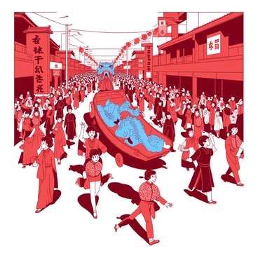 A red parade of costumed performers is marching through a bustling street filled with spectators. Each performer is dressed in intricate traditional cultural attire, showcasing patterns and designs rich in history. Some performers are dancing gracefully, while others are playing musical instruments, creating a lively atmosphere. Brightly colored banners and flags wave above the crowd, contributing to the festive spirit. A blue dragon float glides along, adorned with shimmering scales and surrounded by small performers mimicking its movements. The scene captures the energy and excitement of the celebration.