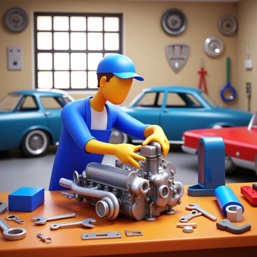 A mechanic in a blue jumpsuit is focused on repairing a classic car engine. The engine is shiny with chrome details and is partially disassembled. Tools are scattered around on a wooden workbench, including wrenches, screwdrivers, and a toolbox. Various car parts and components are hanging on a wall behind the mechanic, adding to the workshop's busy atmosphere. In the background, there are other classic cars in different stages of repair, and sunlight streams through the windows, illuminating the scene.