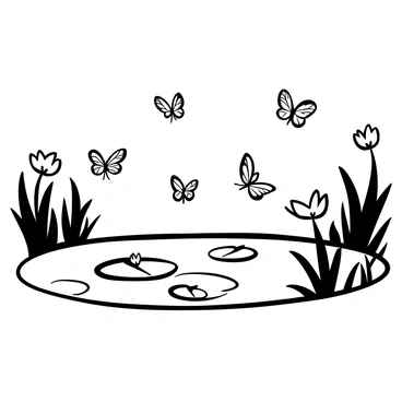 Numerous butterflies with intricate wing patterns are fluttering gracefully above a tranquil pond. The pond's surface is dotted with large, circular lily pads that float gently on the water. Some of the lily pads have delicate white flowers blooming on them. Reflections of the butterflies can be seen on the smooth surface of the pond, adding to the serene ambiance of the scene. In the background, tall grasses and reeds frame the sides of the pond, enhancing the natural setting.