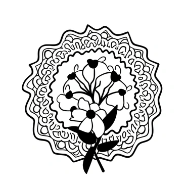 A black-and-white illustration featuring a cluster of wilted flowers arranged on an intricate lace doily. The flowers exhibit drooping petals and curled leaves, all delicately placed at the center of the doily, which showcases its elaborate patterns. The doily itself has a soft, textured appearance, enhancing the contrast between the organic shapes of the flowers and the delicate fabric. Subtle shadows form beneath the arrangement, adding depth to the scene.