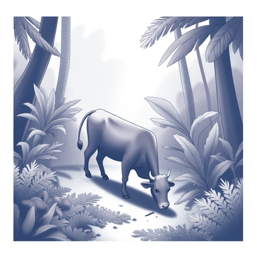 A cow walking through a dense jungle filled with various plants and trees. The cow has a sturdy body and is grazing as it moves cautiously among the thick foliage. The jungle is rich with different types of foliage, including large leaves and towering trunks. Sunlight filters through the canopy, casting shadows on the ground. There are clusters of ferns and shrubs surrounding the cow, enhancing the sense of the lush environment. The scene captures the cow's curiosity as it explores its surroundings.