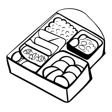 A bento box with multiple compartments filled with an assortment of dishes. One compartment contains neatly arranged rice shaped into a small mound. Another section includes slices of bright vegetables, like cucumbers and carrots, arranged side by side. There is a portion of teriyaki chicken, glazed and cooked to perfection, in one corner. A small container holds a serving of pickled radishes. The box is closed with a decorative lid featuring an intricate pattern.