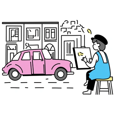 An artist, wearing a blue apron and a black beret, is focused on sketching a vintage car. The car, painted in a rich red color with chrome details, is parked on an old cobblestone street. The street is lined with aged brick buildings, their facades featuring rustic wooden doors and old-fashioned windows. The artist is using a pencil and a sketch pad, seated on a wooden stool, while sunlight casts soft shadows on the scene.