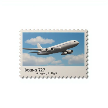 A vintage commemorative postage stamp with a rectangular shape. The stamp features a detailed illustration of a Boeing 727 aircraft in flight, showcasing its distinctive three-engine design and sleek fuselage. The background of the stamp is a gradient of blue, simulating the sky, with a few fluffy clouds. The edges of the stamp have a perforated border. In the bottom corner, there is a small text that reads "Boeing 727 - A Legacy in Flight" in elegant font. The overall color palette includes shades of blue, white, and hints of silver.