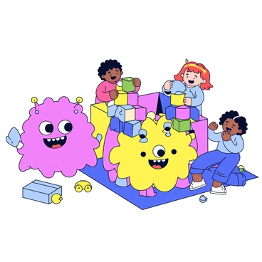 A group of friendly monsters with bright colors and playful features are gathered around. The monsters have large, round eyes and big smiles, showcasing their friendly nature. There are two children, one with curly hair and the other with straight hair, enthusiastically helping the monsters. They are stacking colorful building blocks and blankets to create a whimsical play fort. The scene is filled with laughter and excitement, with some toys scattered around, adding to the playful atmosphere.